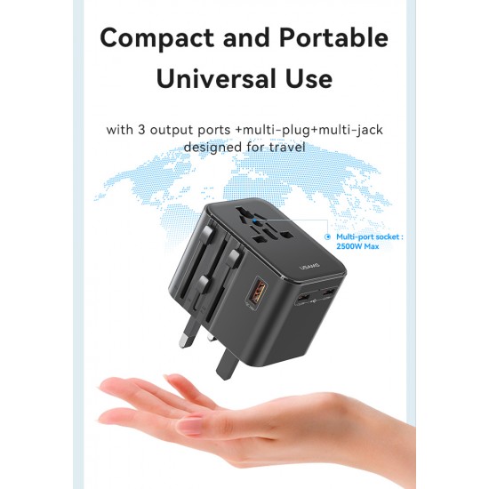 USAMS φορτιστής/αντάπτορας πρίζας CC309, USB & 2x USB-C, universal, 25W, μαύρος USAMS φορτιστής/αντάπτορας πρίζας CC309, USB & 2x USB-C, universal, 25W, μαύρος