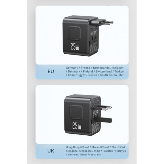 USAMS φορτιστής/αντάπτορας πρίζας CC309, USB & 2x USB-C, universal, 25W, μαύρος USAMS φορτιστής/αντάπτορας πρίζας CC309, USB & 2x USB-C, universal, 25W, μαύρος