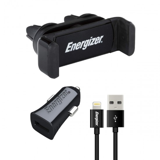 Βάση Στήριξης και Φορτιστής Αυτοκινήτου Energizer 3.4A με Καλώδιο Lightning Apple Certified MFi Μαύρο 1m